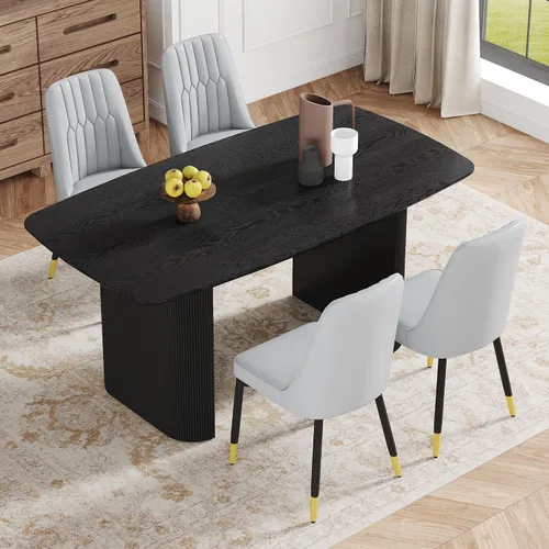 Vista 29 de Juego de mesa de comedor moderno para 4, juego de mesa de comedor negro de 67 pulgadas con mesa ovalada de madera de 3.5 pulgadas de grosor y base