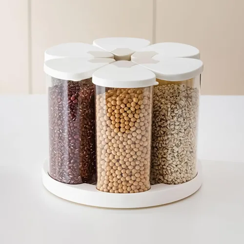 Vista 3 de Dispensador de granos – Contenedor de almacenamiento giratorio de 6 rejillas, dispensador de cereales y aperitivos, mantiene la harina, el azúcar