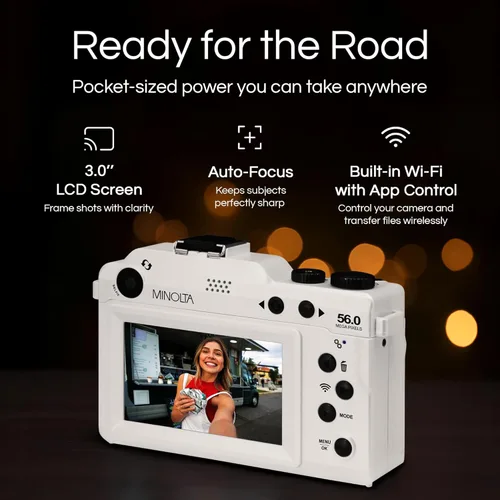 Vista 3 de Minolta Cámara digital: fotos de 56MP, video 4K 60FPS, diseño selfie de doble lente, zoom 18X, Wi-Fi, captura RAW/JPEG, LCD de 3 pulgadas, cámara