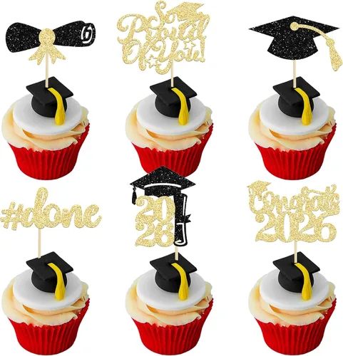Vista 31 de Gyufise 24 piezas Adornos para pastel de graduación 2026 con purpurina negra, clase de 2026, adornos para magdalenas con gorra de graduación