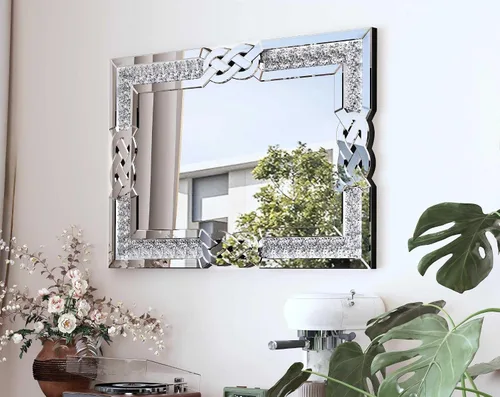 Vista 3 de Espejo de diamante triturado plateado: decoración rectangular de pared 35.4 x 23.6 pulgadas Espejo decorativo de lujo con espejo de cristal
