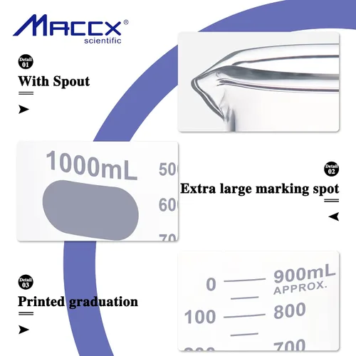 Vista 4 de 34oz (1000ml) Nuevos Vasos de Precipitados de Vidrio Mejorados, Vaso de Laboratorio de Alta Resistencia, 3.3 Borosilicato con Doble Escala