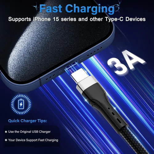 Vista 2 de Cable USB tipo C (1 pie/12 pulgadas, paquete de 10), cable de carga rápida