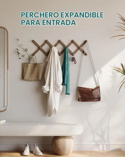 Vista 2 de OROPY Percha de pared de acordeón con 14 clavijas, perchero de madera nogal (Walnut Color)