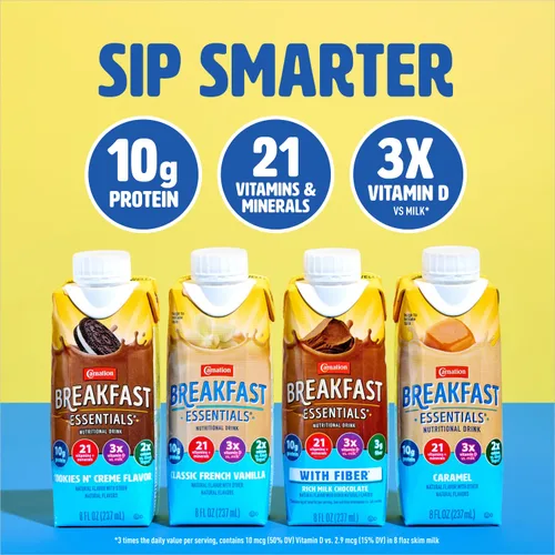 Vista 4 de Carnation Breakfast Essentials Bebida nutricional original lista para tomar, nuevo sabor a caramelo, 10g de proteína, vitaminas D y C, nutrientes