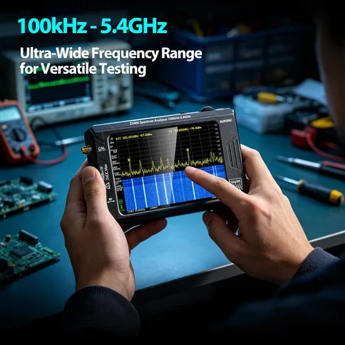 Vista 2 de AURSINC Analizador de espectro TinySA Ultra+ ZS406, 4.0 pulgadas, 100 kHz-5.4 GHz, analizador de frecuencia portátil con tarjeta de 32 GB, HW