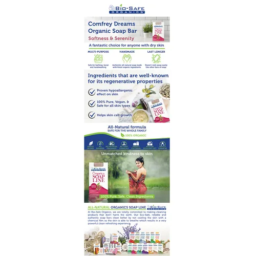 Vista 8 de Jabón corporal orgánico natural hecho a mano Comfrey Dreams con barra de champú con cártamo, palma y oliva para pieles sensibles Lujoso