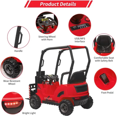 Vista 2 de Carretilla elevadora de 12 V para niños, coche eléctrico de construcción con control remoto, horquilla y palet elevable, 2 velocidades, música, USB