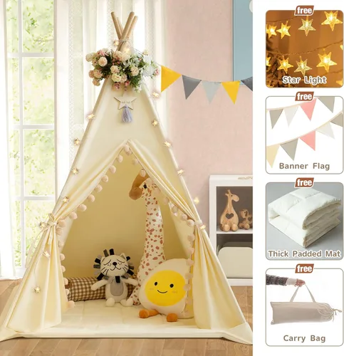 Vista 3 de WIRHAO Tienda de campaña tipi para niños con alfombrilla acolchada, lona de algodón, tipi con pompón para niños pequeños, tienda de campaña