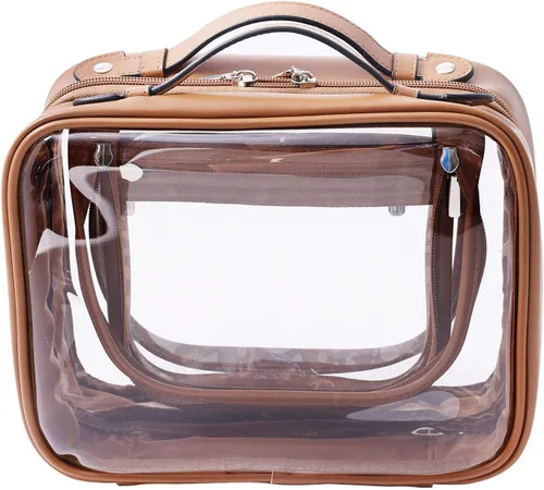Vista 8 de SANHECUN Neceser de viaje Estuche grande transparente para cosméticos bolsa de maquillaje (beige, pequeño)