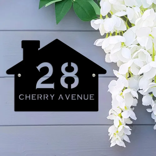 Vista 9 de Letrero de número de casa con forma de casa contemporánea personalizada con números y nombre de calle, placa de forma de casa, placa de dirección