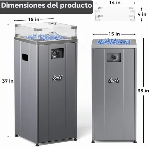 Vista 9 de BALI OUTDOORS Fogata de gas de 15 pulgadas Cuenco exterior de propano con protector de viento de vidrio, chimenea cuadrada para patio con piedra