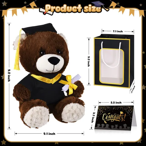 Vista 2 de Oso ZJoey con gorra de graduación Juguetes Clase de 2025 Oso de peluche Teddy Bear Animal con gorra y toga con tarjeta de felicitación y bolsa