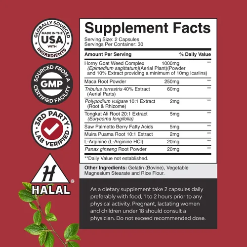 Vista 2 de Paquete de complejo de extracto de maleza de cabra cachonda y suplemento energizante de óxido nítrico para hombres - con Tribulus Saw Palmetto L