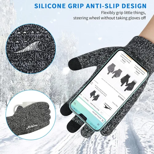 Vista 3 de Achiou - Guantes de invierno, guantes para hombres y mujeres, guantes de correr cálidos para pantalla táctil mejorados con forro térmico de punto