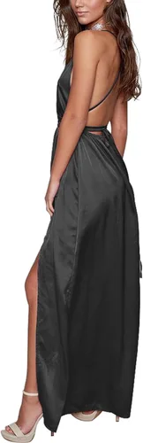 Vista 4 de Yimeili vestido largo de fiesta para mujer, vestido de cóctel sexy, satinado, con cuello en V profundo, espalda descubierta y abertura