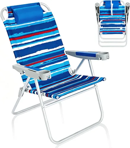 Vista 10 de SUNNYFEEL Silla de playa alta para adultos, sillas plegables de asiento Azul