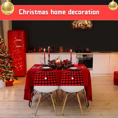 Vista 5 de Queekay 6 piezas de fundas traseras de silla de Navidad, protector de silla de comedor de Navidad con diseño de sombrero de Papá Noel, a cuadros