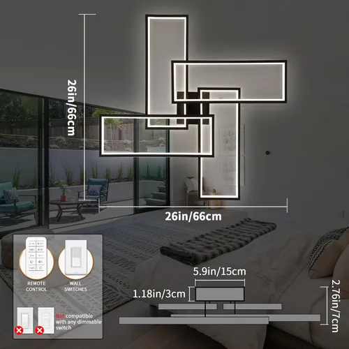 Vista 5 de Shine LUEST Modernas luces LED de techo para dormitorio, 26 pulgadas, regulables, cuadradas, para sala de estar, con control remoto, lámpara negra