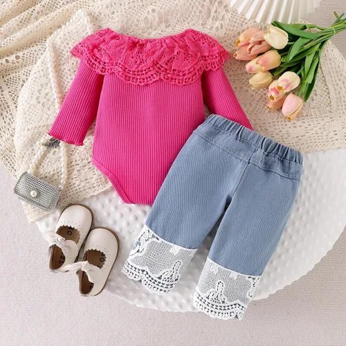 Vista 12 de Conjunto de ropa de bebé niña para bebé, mameluco de encaje blanco de manga larga + pantalones de mezclilla