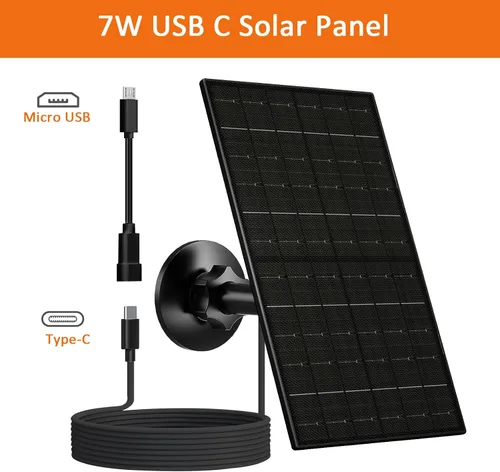 Vista 2 de Zivif Panel solar para cámara de seguridad, cargador solar de 7 W con puerto micro USB y USB-C, panel solar USB C impermeable IP65 para cámaras