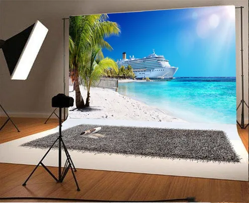 Vista 2 de Telón de fondo de fotografía del mar caribeño de 7 x 5 pies, telón de fondo de playa de palmera coral playa decoración de fiesta de crucero