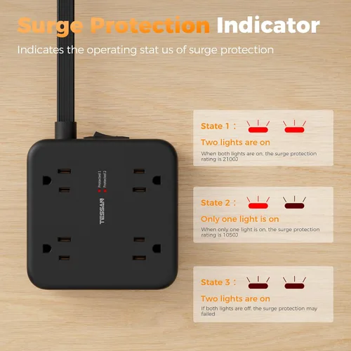 Vista 3 de TESSAN Regleta de alimentación con doble protector de sobretensiones, cable de extensión de 5 pies, enchufe de pared plana con 4 USB (2 USB C) 8
