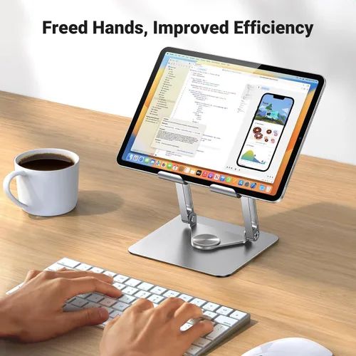 Vista 3 de UGREEN - Soporte para tablet para escritorio con base giratoria de 360°, soporte de aluminio de doble varilla ajustable, accesorios para el hogar