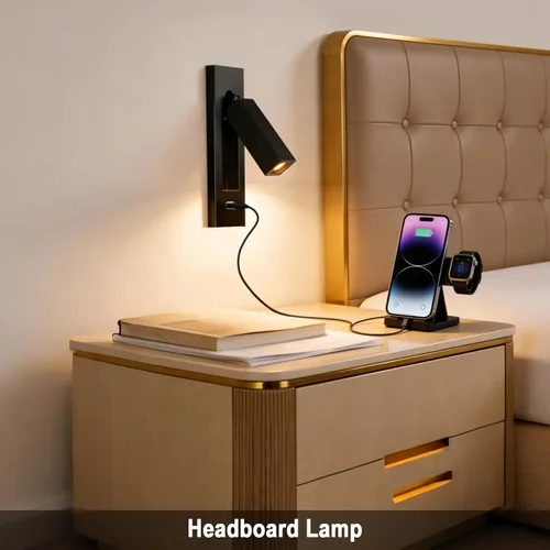 Vista 4 de Luz de lectura montada en la pared con USB, luz LED de lectura de cabecera con interruptor, luces de lectura empotradas ajustables para cabecero