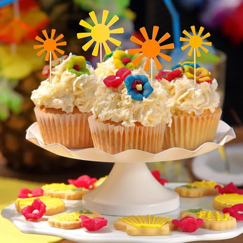 Vista 4 de Whaline 48 piezas Boho Sun Cupcake Toppers 2 tamaños Sun Paper Decoración de pastel con punto de pegamento amarillo naranja mesa mesa centro de mesa