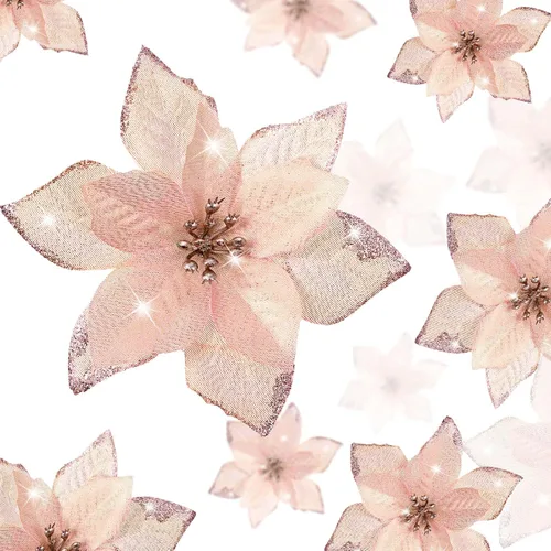 Vista 12 de WILLBOND 36 piezas de flores de Pascua navideñas de 3 tamaños para árbol de Navidad, flores falsas con purpurina, decoración, adornos de flor