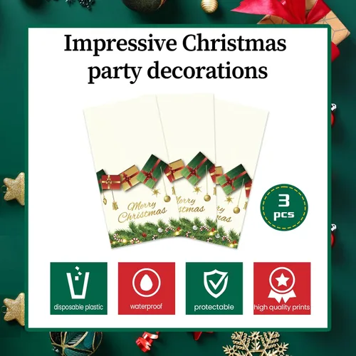 Vista 7 de Mantel navideño desechable de plástico, 3 piezas de 54 x 108 pulgadas, mantel rectangular de vinilo blanco de Navidad con la frase "Merry