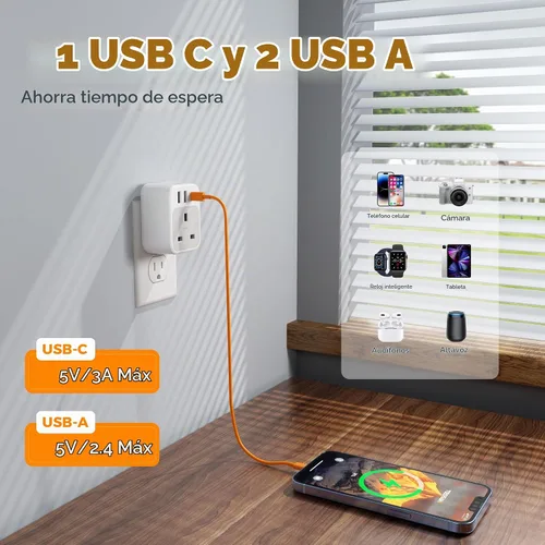 Vista 4 de TESSAN - Adaptador de viaje de Reino Unido a EE. UU. con salida de CA 3 USB (1 USB C)
