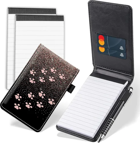 Vista 11 de Juego de 4 mini bloc de notas de bolsillo, diseño de corazón de dinosaurio, funda de piel sintética, soporte para notas con 2 ranuras para tarjetas