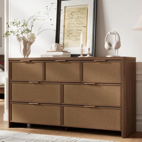 Vista 10 de Cómoda de ratán con 6 cajones para dormitorio, cómoda de 47.2 Roble natural