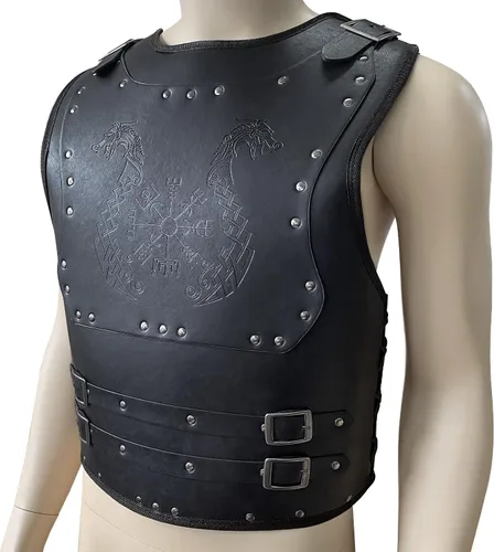 Vista 5 de HiiFeuer Viking Warrior - Armadura de pecho de piel sintética, armadura de cuero retro de caballero, armadura medieval para LARPCosplay