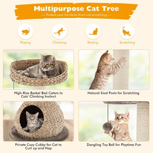 Vista 5 de Tangkula Árbol para gatos moderno, torre para gatos pequeña con poste de rascar de sisal natural, condominio para gatos de mimbre hecho a mano
