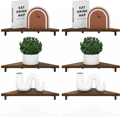 Vista 9 de Furinno Rossi - Estantes flotantes hexagonales para pared, juego de 2 estantes geométricos de esquina, estantes montados en la pared para baño, Pino