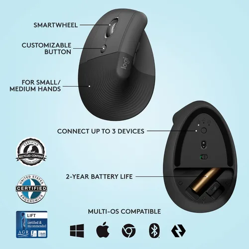 Vista 6 de Logitech Ratón ergonómico vertical vertical para zurdos, inalámbrico, Bluetooth o Logi Bolt USB, clics silenciosos, 4 botones, compatible