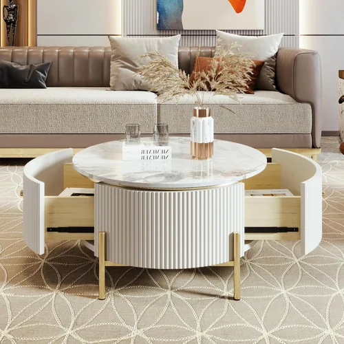 Vista 6 de Mesa de café redonda, mesa de café moderna de 31.5" con 2 cajones grandes de almacenamiento, tapa de mesa con patrón de mármol, mesa central