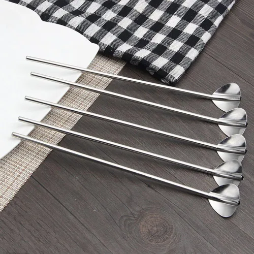 Vista 5 de Juego de 5 cucharas largas de acero inoxidable con forma de corazón, cuchara de paja de grado alimenticio para el hogar, cafetería, oficina
