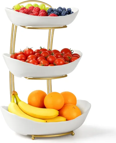 Vista 10 de Frutero para encimera de cocina, cesta de frutas de cerámica de dos niveles, soporte para frutas y verduras frescas, bandejas modernas para servir