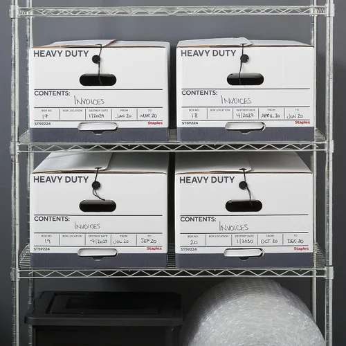Vista 8 de STAPLES Caja de archivos resistente, tapa de cuerda y botón, legal, blanco/gris, paquete de 4
