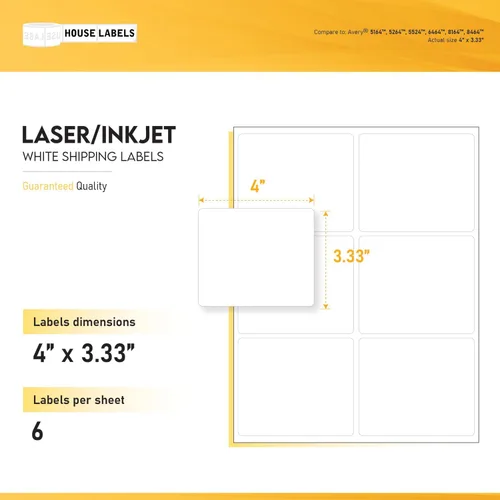 Vista 3 de 25 hojas, 150 etiquetas, 6-up, etiquetas de envío (4.0" X 3 – 1/3") – -sin BPA gratis. For Laser and Inkjet Printers, 25 Sheets