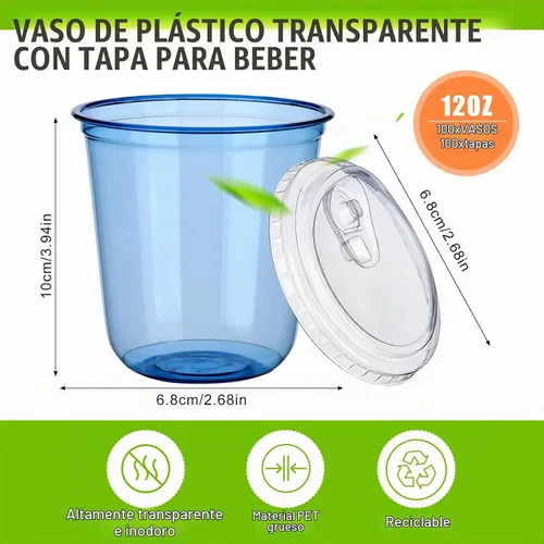 Vista 2 de 100 juegos de vasos desechables sin tallo con tapas sin pajita, vasos de plástico PET, vasos de café transparentes para café helado, batidos Azul