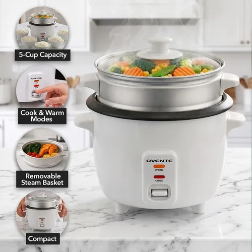 Vista 2 de OVENTE - Olla arrocera eléctrica y vaporizador de alimentos – Capacidad de arroz de 5 tazas, olla extraíble antiadherente, función de mantener