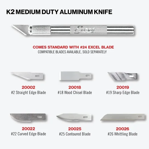 Vista 6 de Excel Blades K2 - Juego de cuchillos de hobby de servicio medio, paquete de 3 cuchillos de precisión con cuchillas #24 para tallar y manualidades