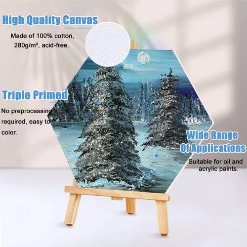 Vista 4 de yazi Tableros de lienzo hexagonales para pintar, 5 paquetes de tablas estiradas de 12 pulgadas, pintura acrílica, tableros de decoración tallados