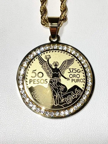 Vista 5 de Hombres Mujeres 925 Italia 14k Acabado Oro helado Moneda Mexicano Moneda 50 Pesos Ice Out Colgante Acero Inoxidable Real 0.098in Cadena Cadena