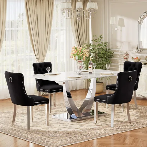 Vista 40 de Juego de mesa de comedor de cristal moderno de mediados de siglo para 4, 63 pulgadas, juego de comedor rectangular grande de lujo con parte superior